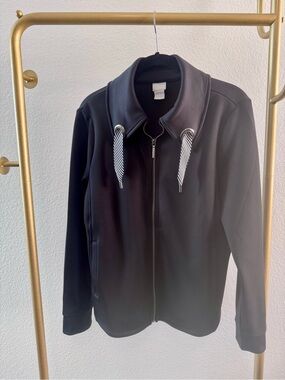 Chico’s Black Zip Front Jacket with Striped Drawstrings
